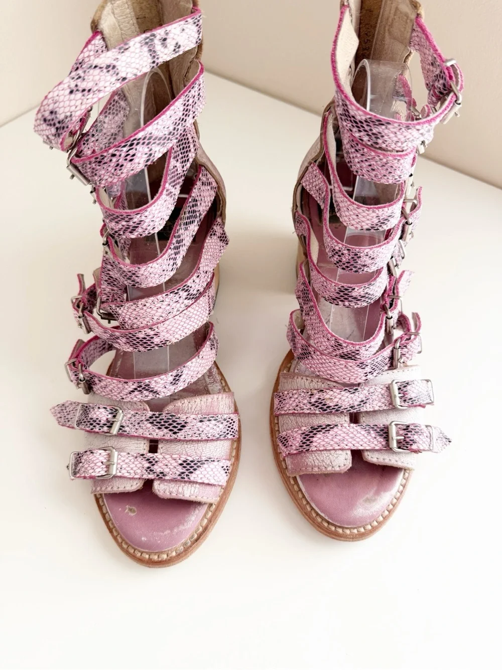 Freebird by Steven Casandra Pink Snakeskin Leather Gladiator Block Heel Sandal 8 - Picture 3 of 10